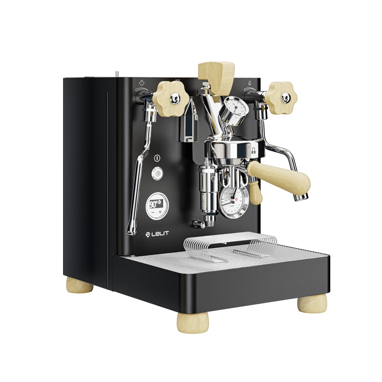 Lelit Bianca espresso machine in black with wood accents