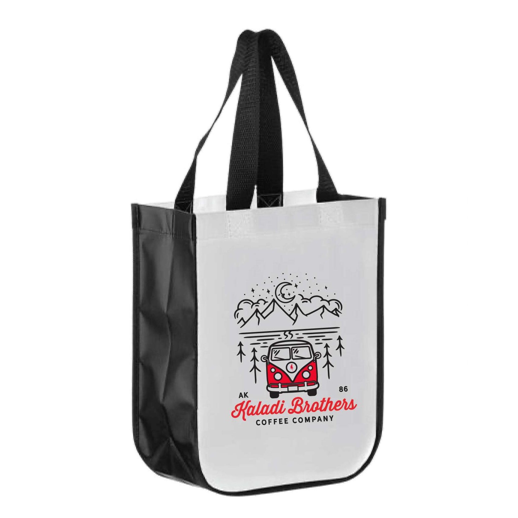 Small white poly tote with red Kaladi Brothers logo and black handles