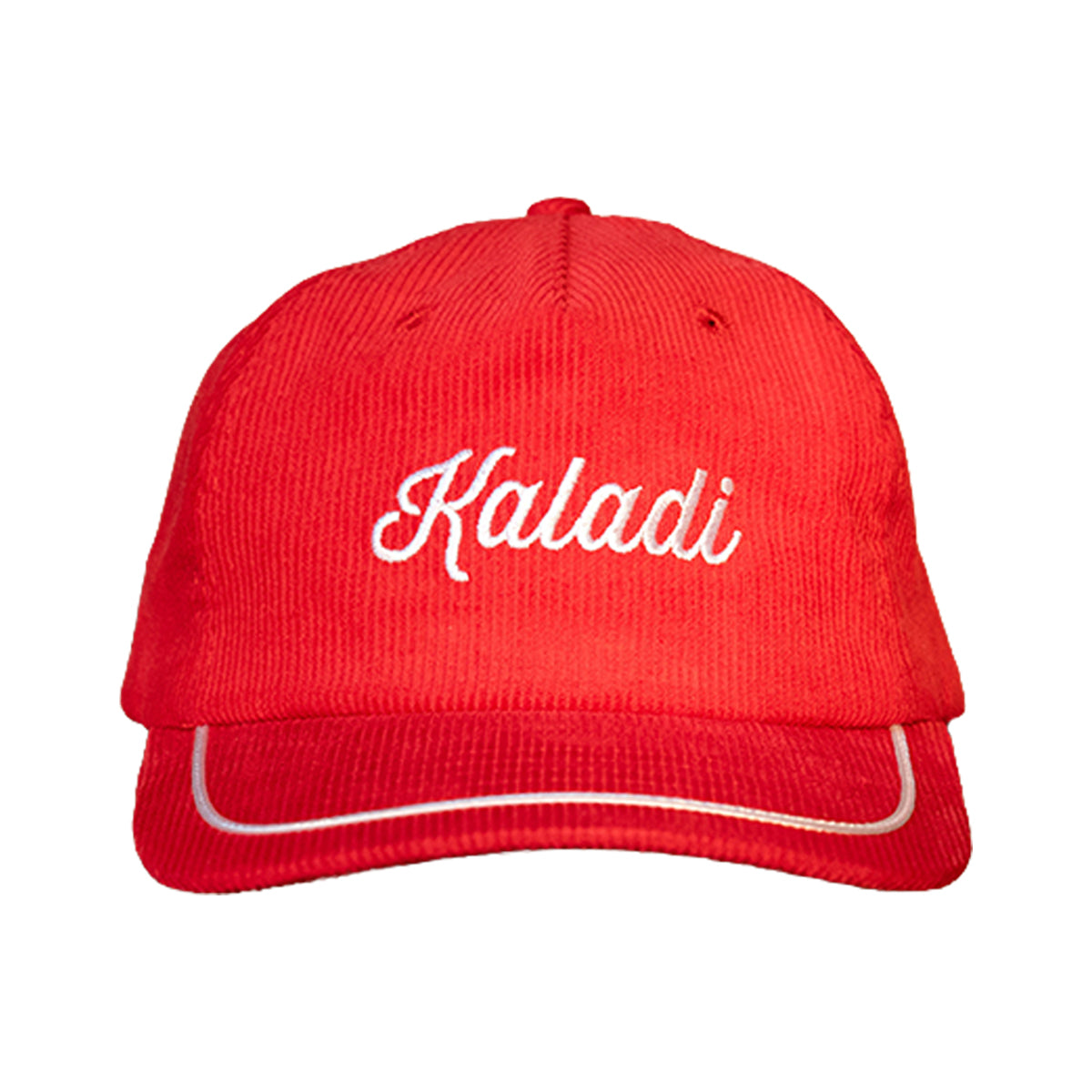 Red corduroy hat with embroidered white Kaladi script