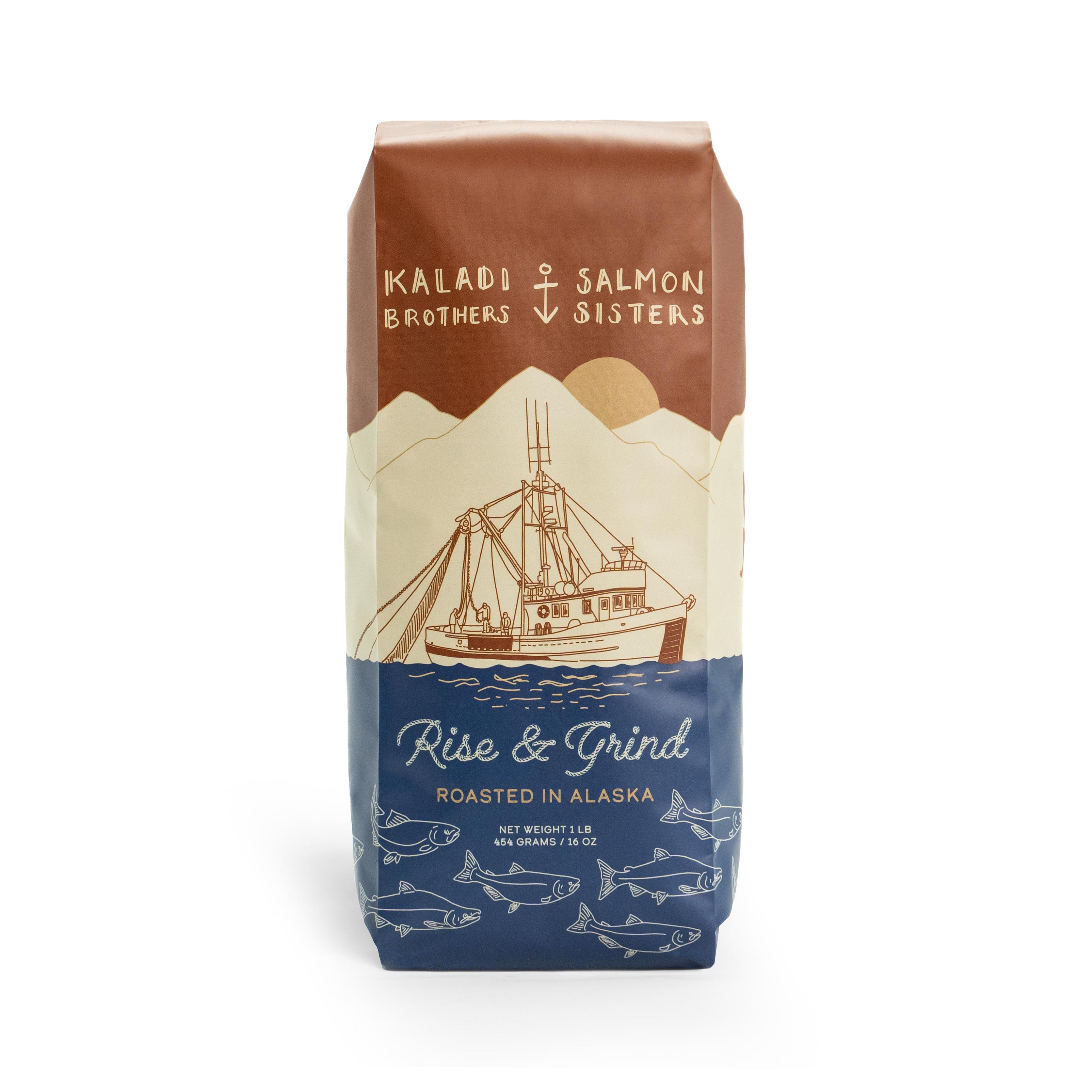 Rise & Grind blend coffee bag with sailing ship illustration — Kaladi Brothers and Salmon Sisters collaboration