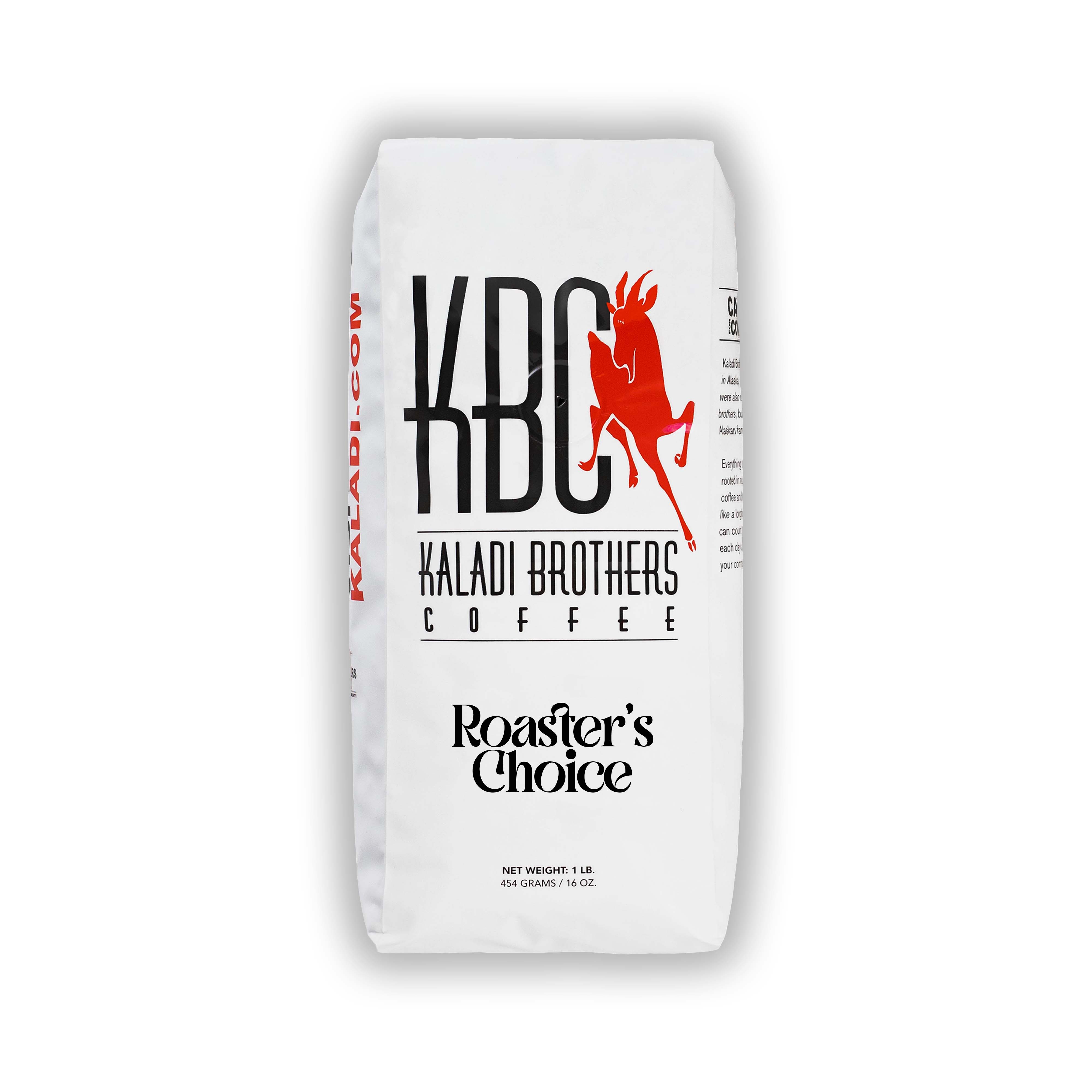 Roaster's Choice 1lb bag — white Kaladi Brothers Coffee bag with red goat logo