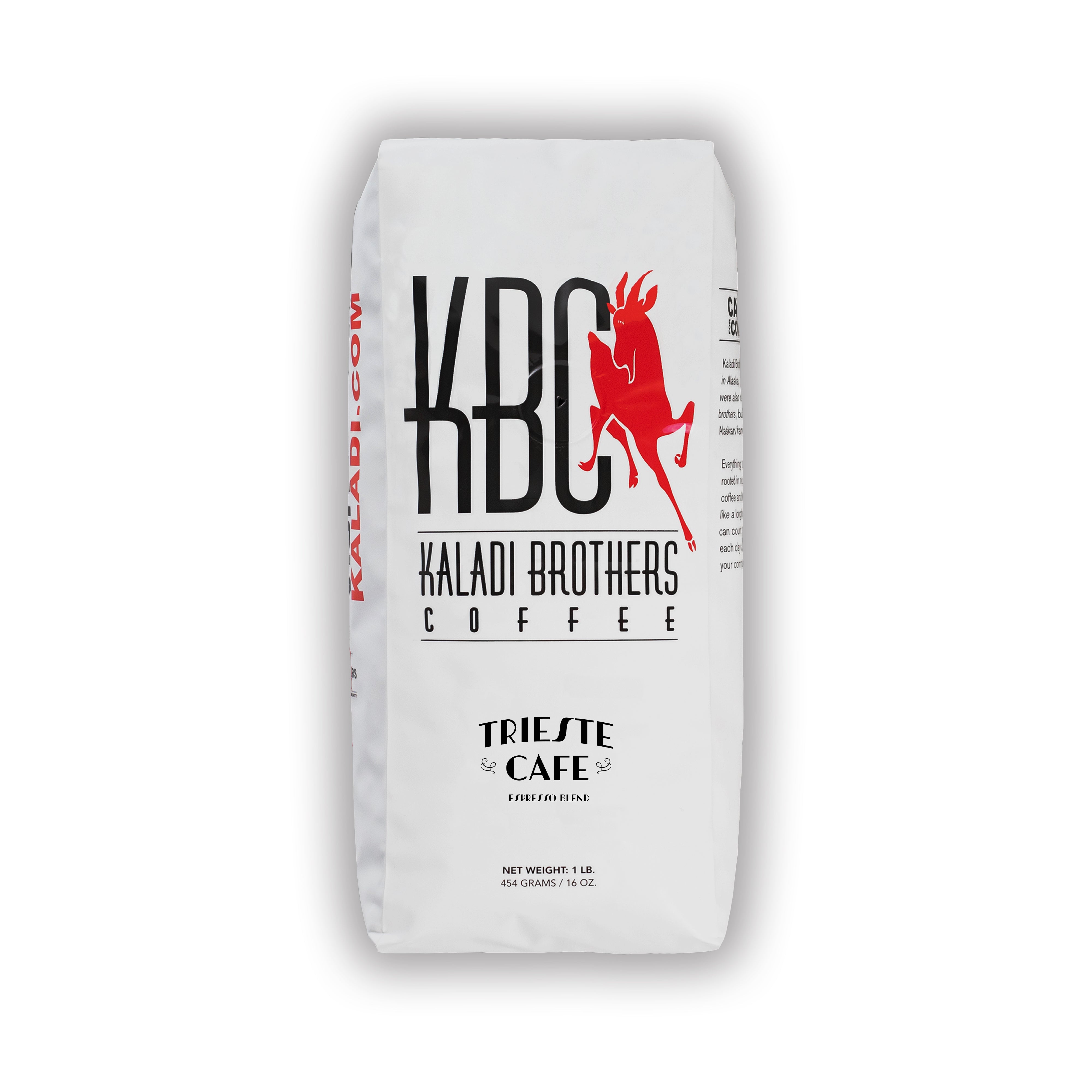 Trieste Cafe blend 1lb bag — white Kaladi Brothers Coffee bag with red goat logo