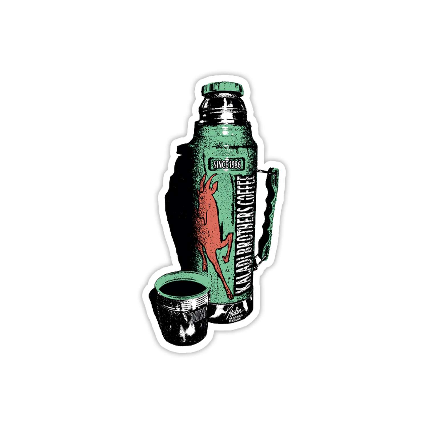 Classic green thermos die-cut sticker with Kaladi branding
