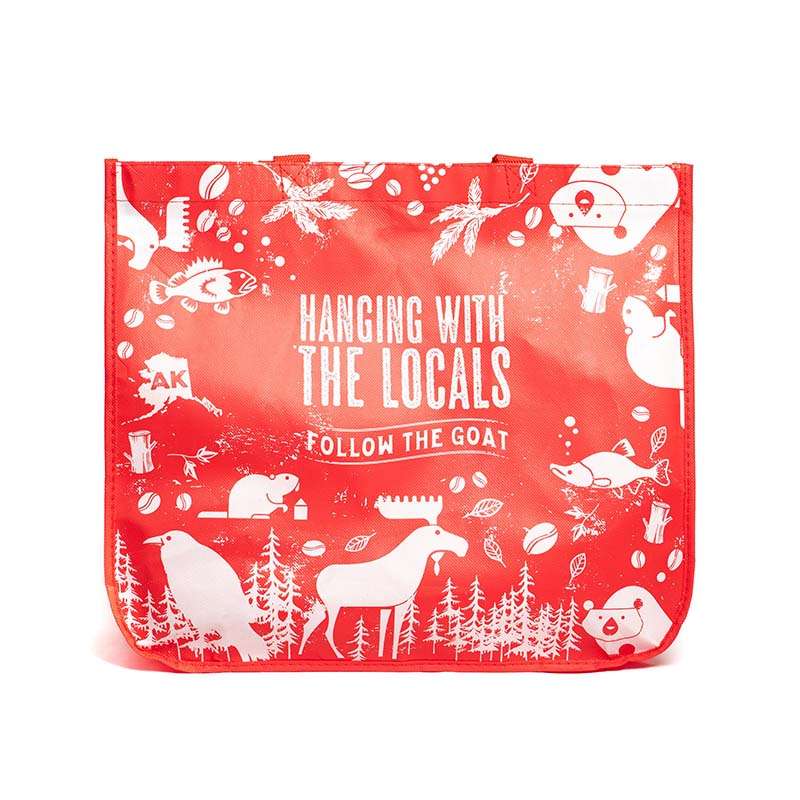 Red Kaladi tote bag with white Hanging with the Locals Alaska wildlife print