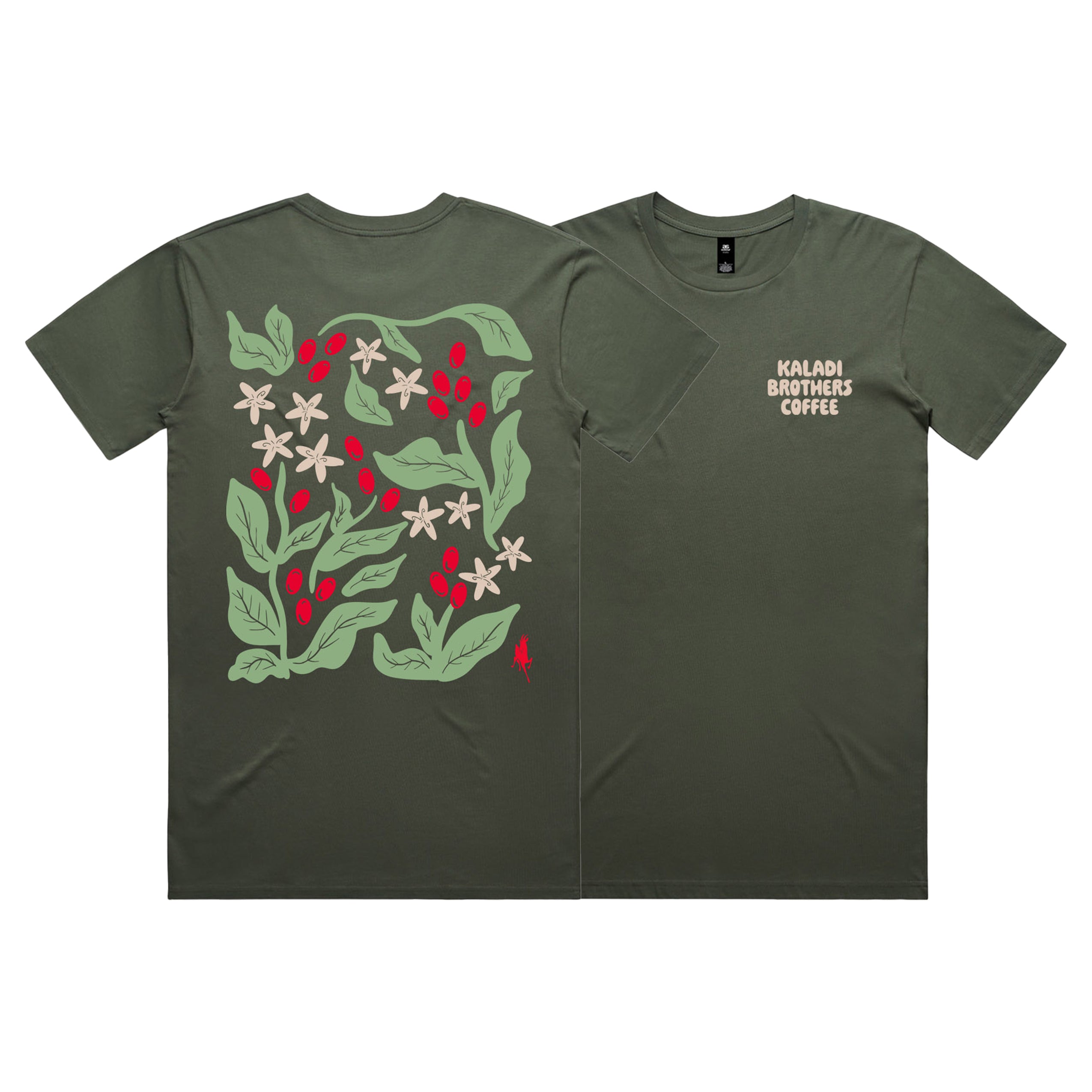 Coffee Cherry T-Shirt — olive green tee with botanical coffee cherry illustration