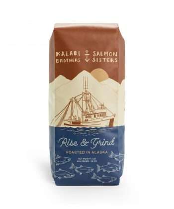 Kaladi Brothers Coffee A bag of Rise & Grind Blend coffee with a boat on it.