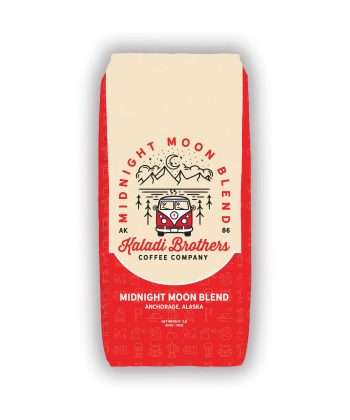 Kaladi Brothers Coffee A bag of Midnight Moon Blend coffee with a red label on it.