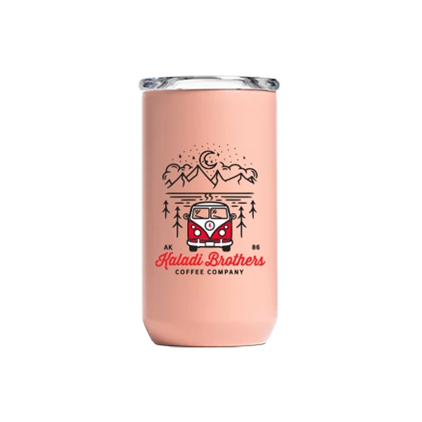 Kaladi Brothers Coffee A pink 16oz Tumbler - Created Co with an image of a camper van and mountains.